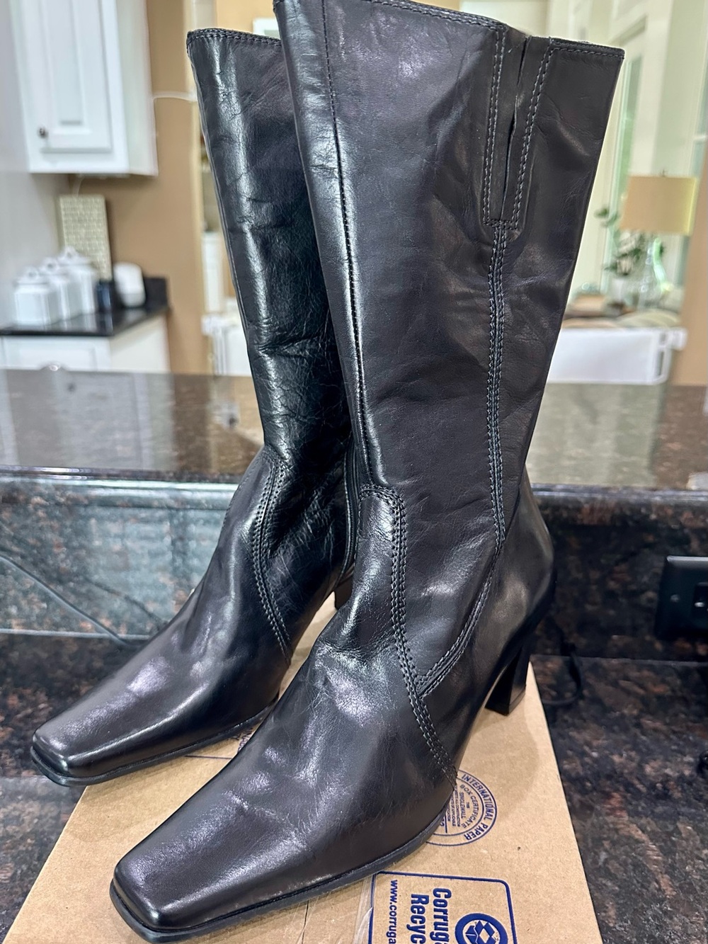 Sesto Meucci Black Leather Mid-Calf Heeled Boots